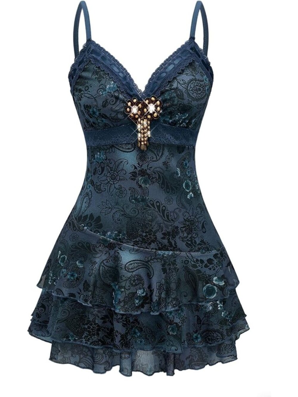 Women's Teal Blue Y2k Outfits Gothic Vintage Boho Beaded Ruffle Lace Mini Dress